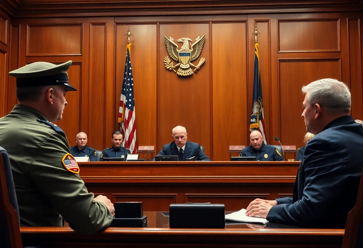 Judges in deliberation over military authority in court