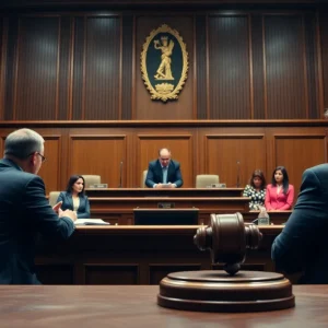 A courtroom setting during a verdict announcement for a defamation case.