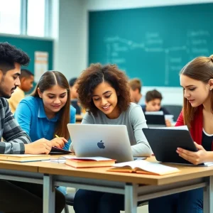 A group of diverse students studying together in a classroom setting, showcasing collaboration and education.
