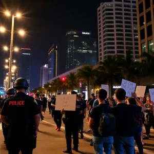 Downtown Los Angeles during nighttime curfew with protestors