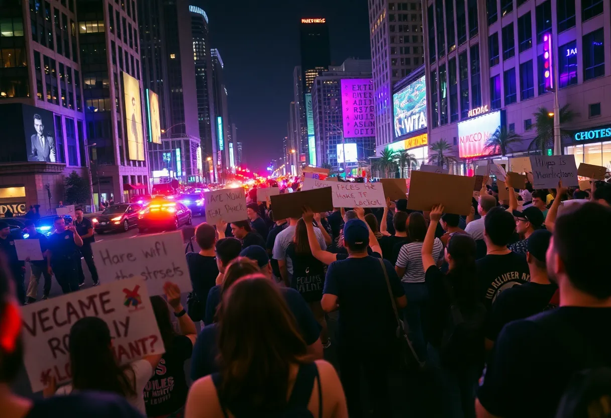 Nighttime view of Downtown Los Angeles protests with law enforcement presence