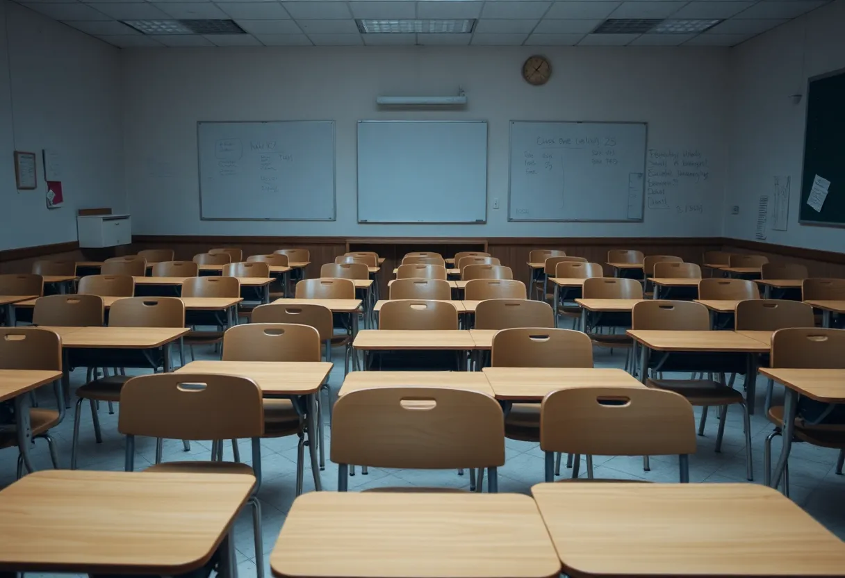 Empty classroom representing budget cuts in education