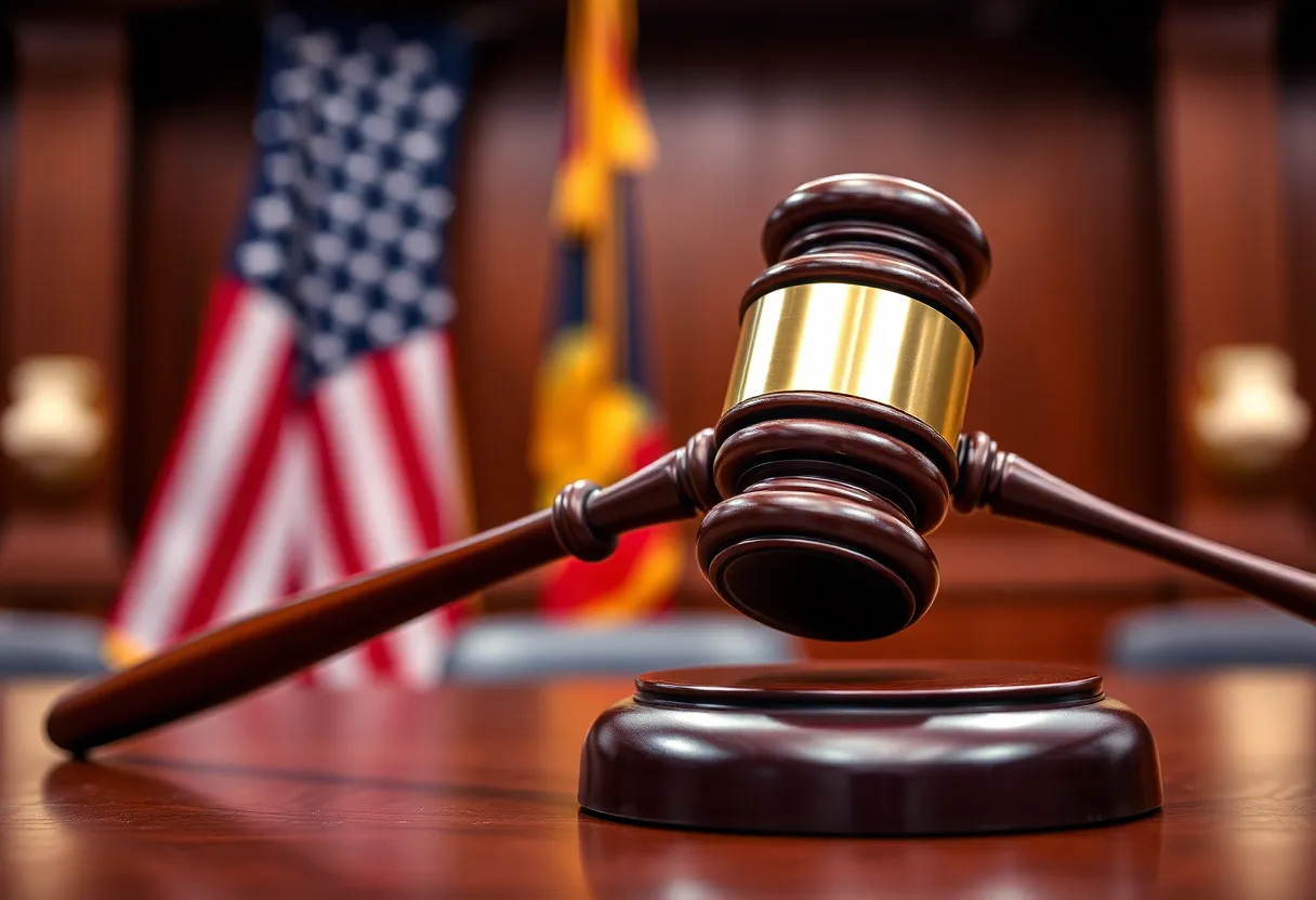 Courtroom gavel with an American flag representing Trump's tariff ruling