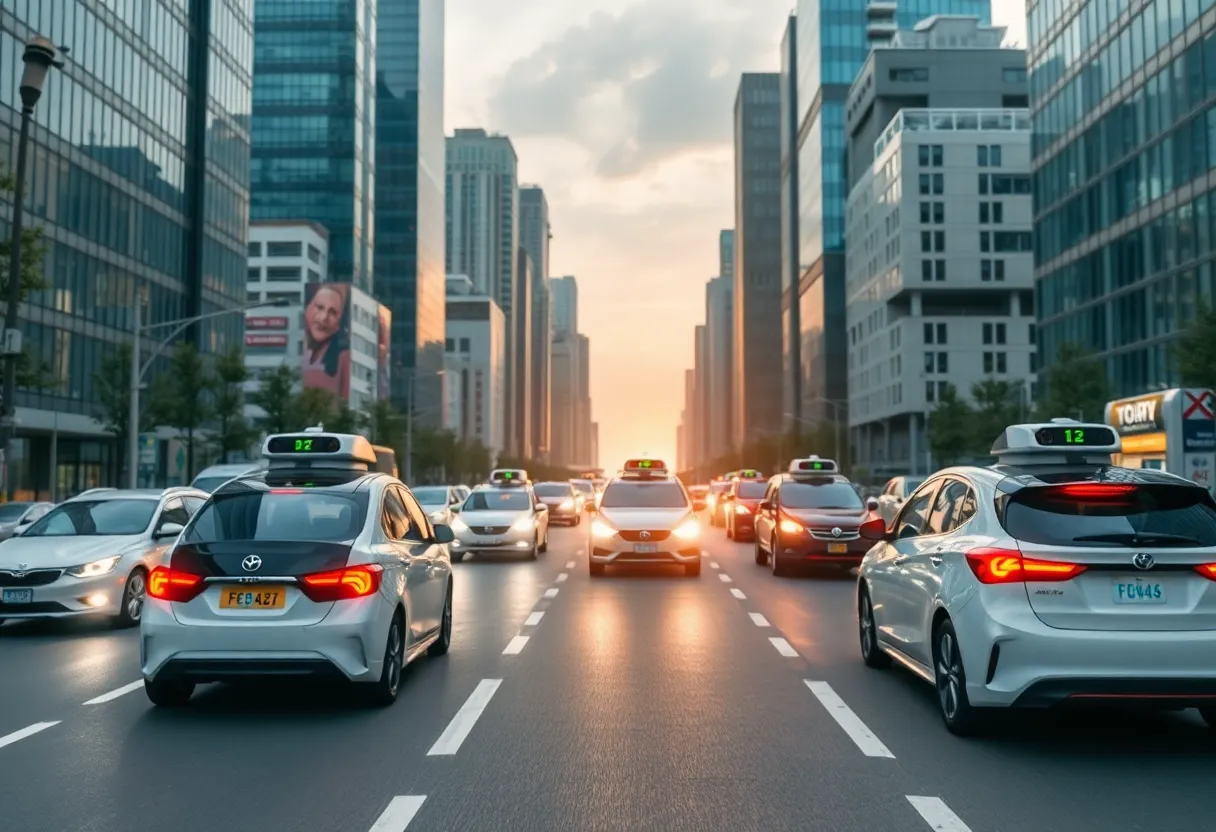 Futuristic autonomous robotaxis in a city environment