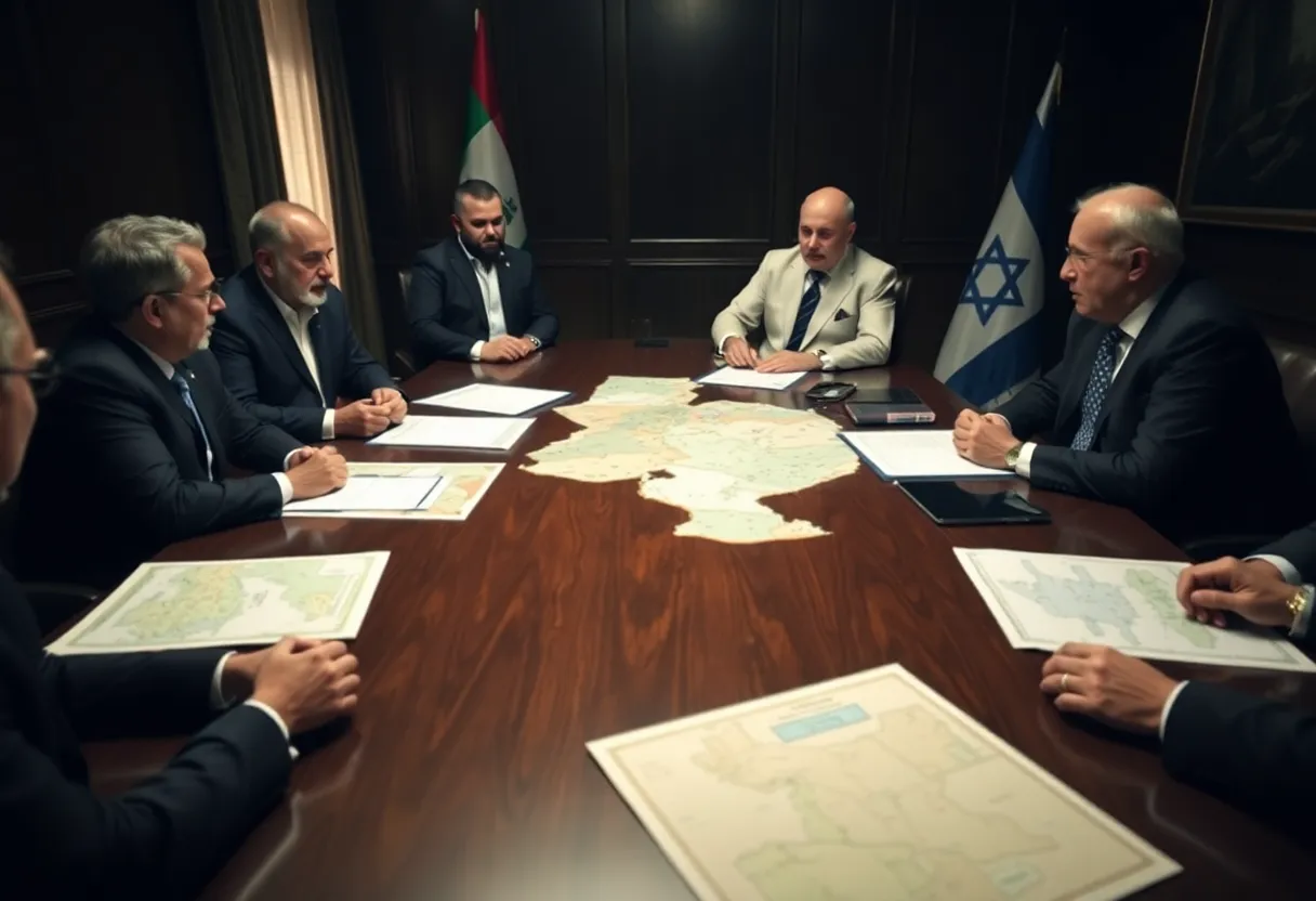Tense negotiation scene between Hamas representatives and Israeli officials