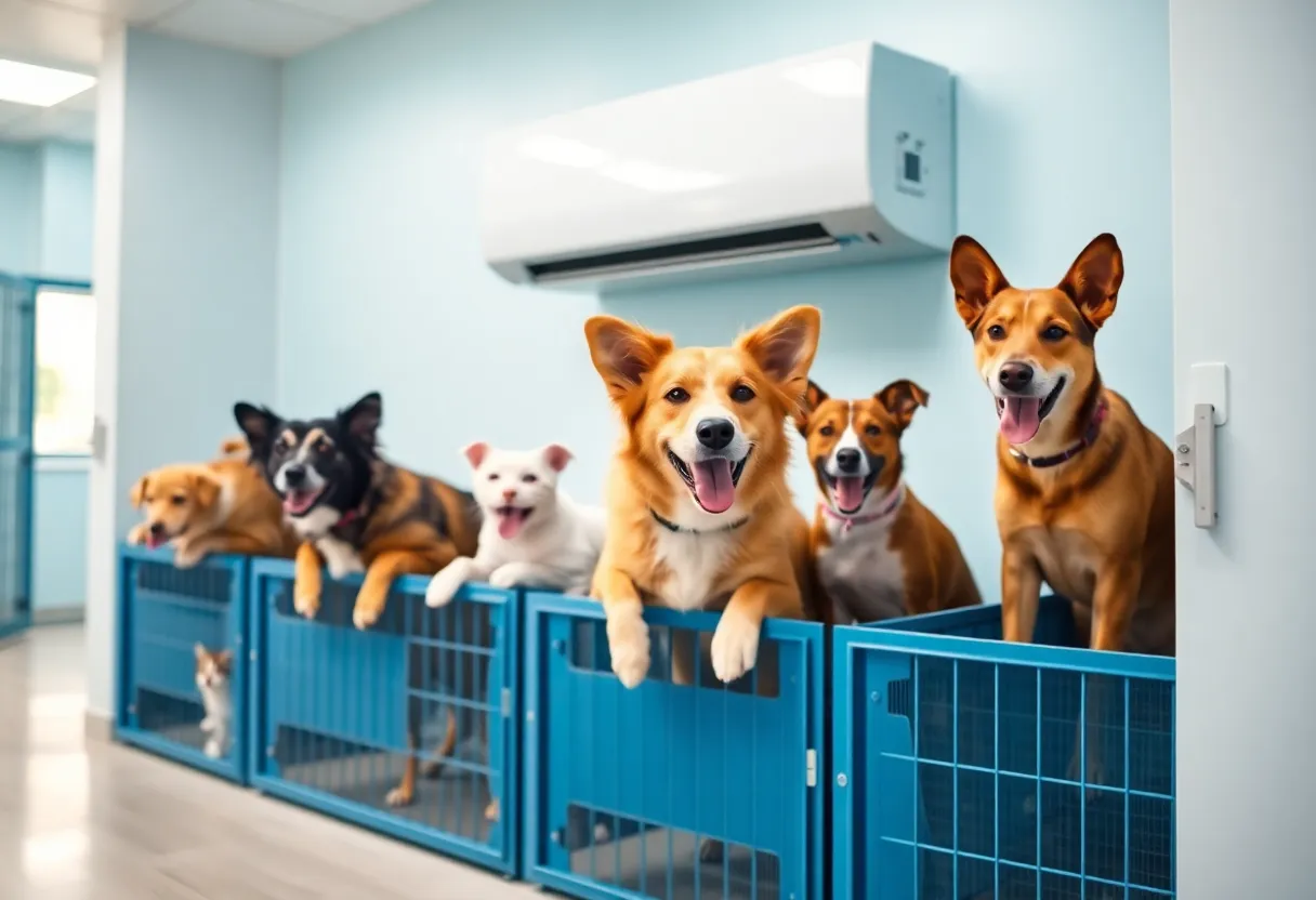 Dogs and cats in a sunny animal shelter with a new HVAC system.