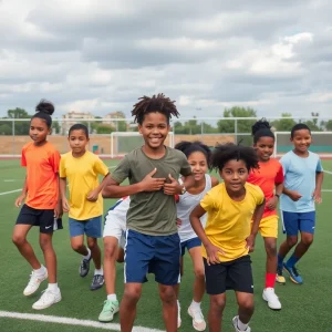 A diverse group of young athletes participating in sports together, representing inclusivity.