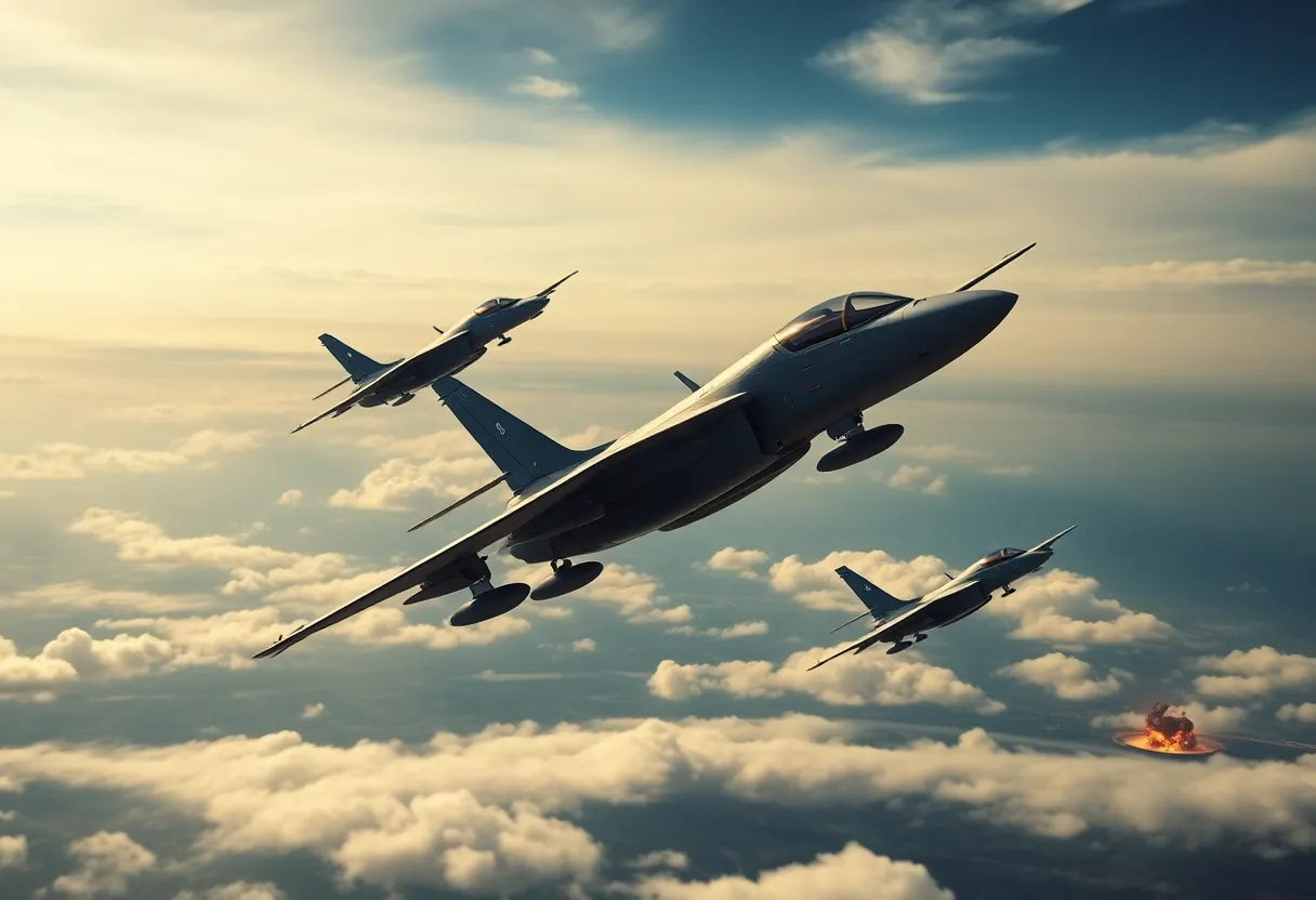 Military aircraft flying over an explosion in a distant landscape.