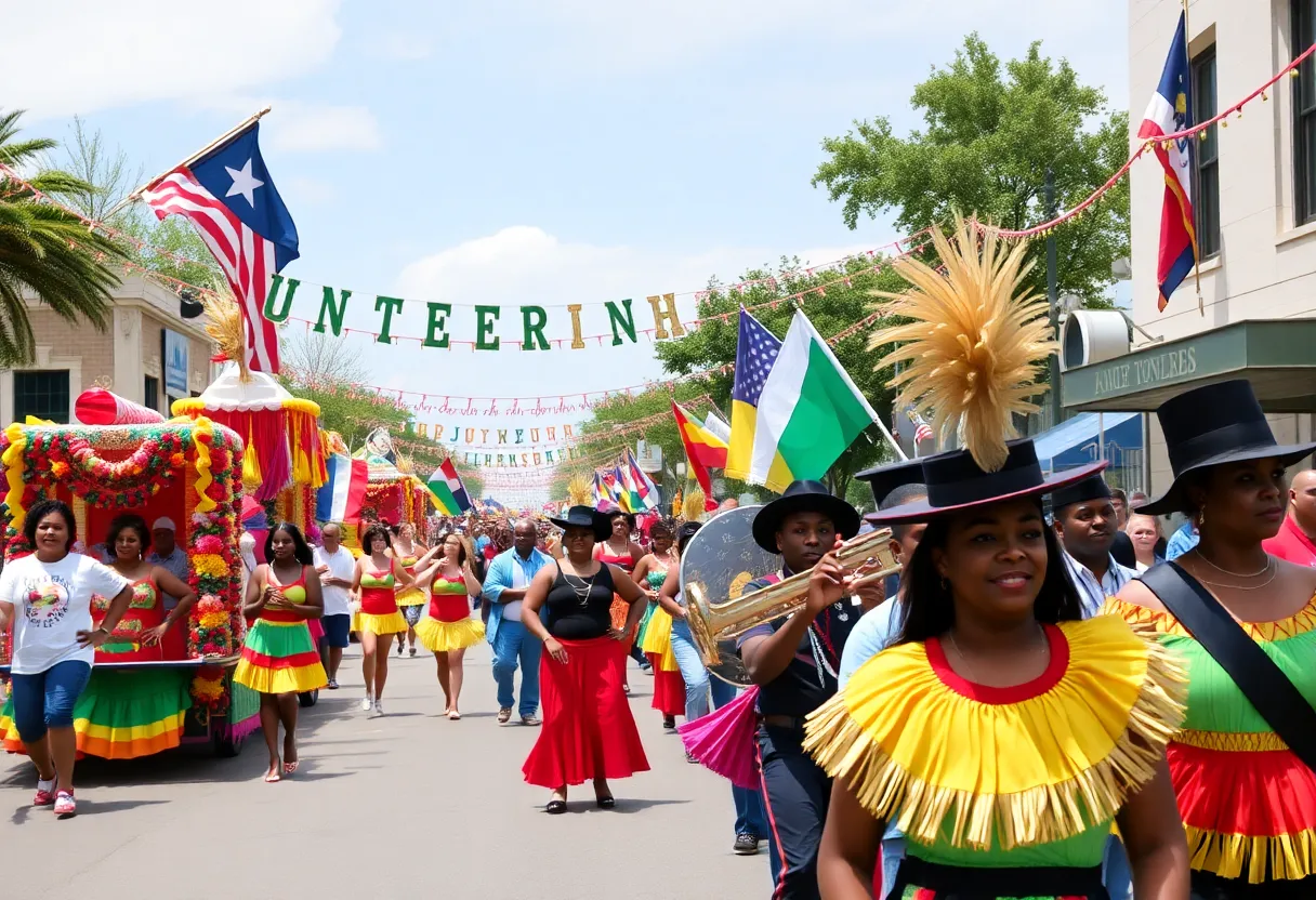 Participants celebrating Juneteenth during a parade in Central Texas.