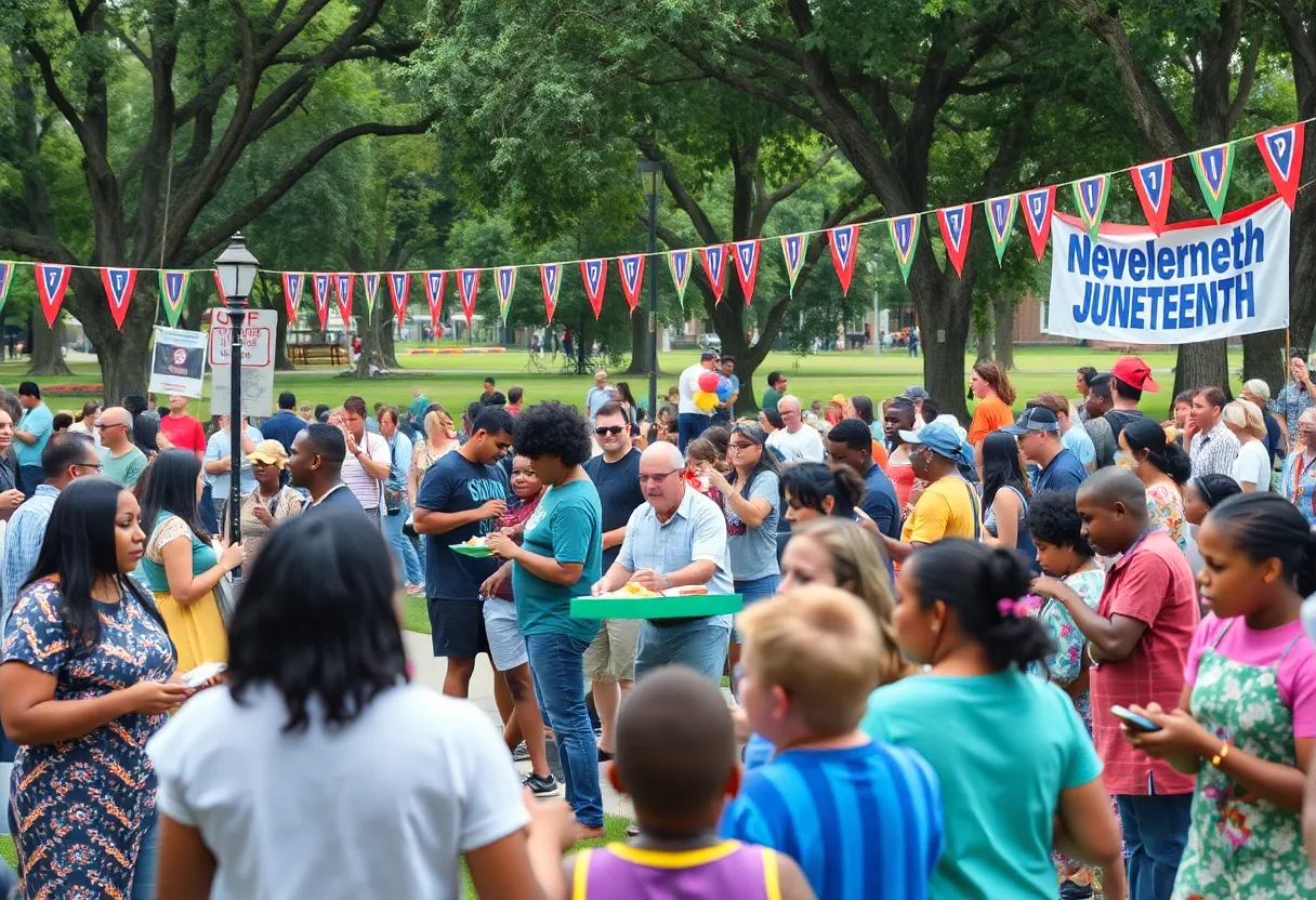 Community members celebrating Juneteenth with music and food in a park