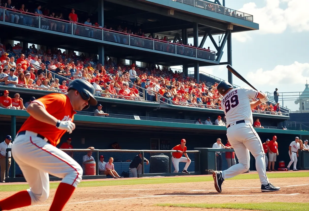 Exciting baseball game action with players from K-State in a sunny stadium setting.