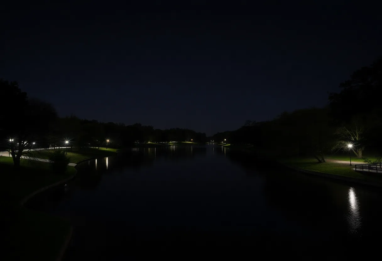Night view of Lady Bird Lake surrounded by trees and park areas