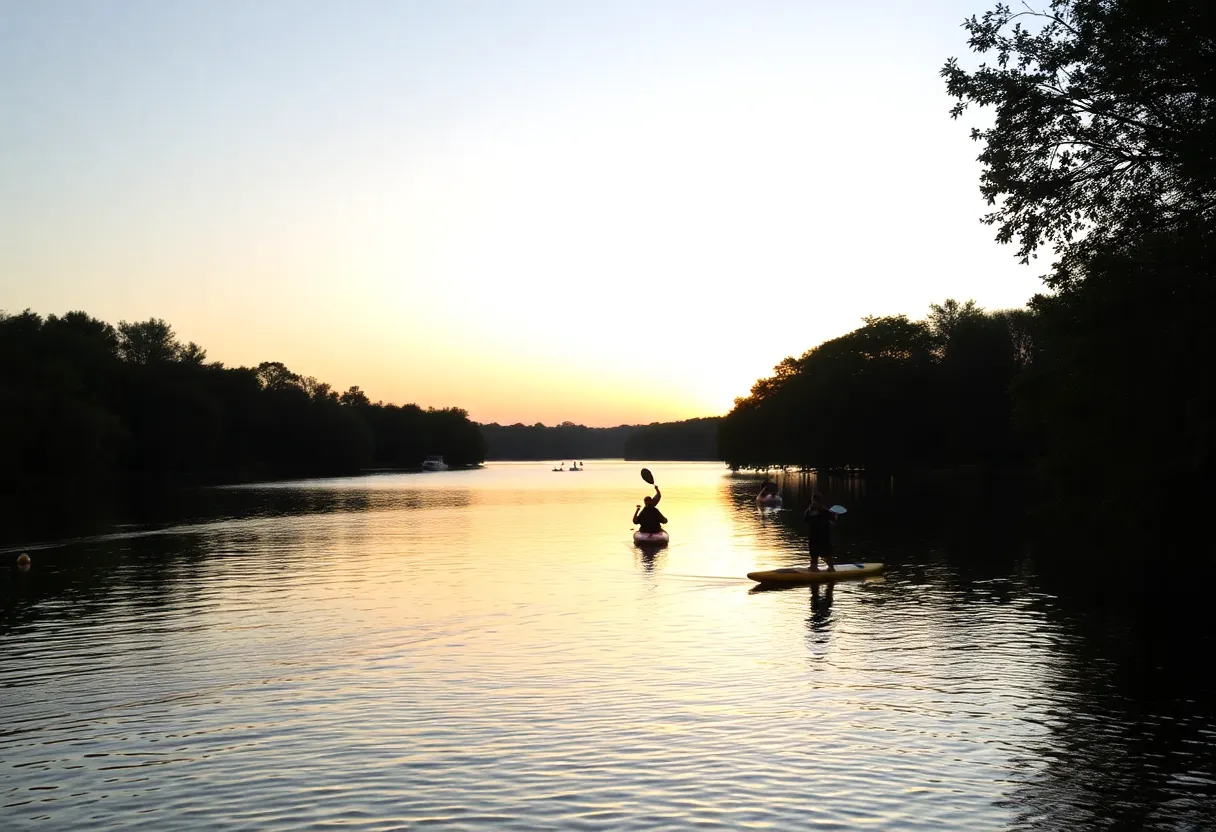 A tranquil scene of Lady Bird Lake with paddleboards and kayaks
