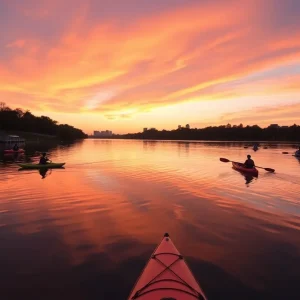 Sunset view of Lady Bird Lake with watercraft
