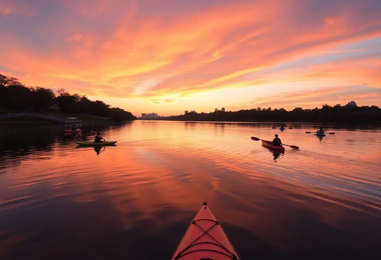 Sunset view of Lady Bird Lake with watercraft