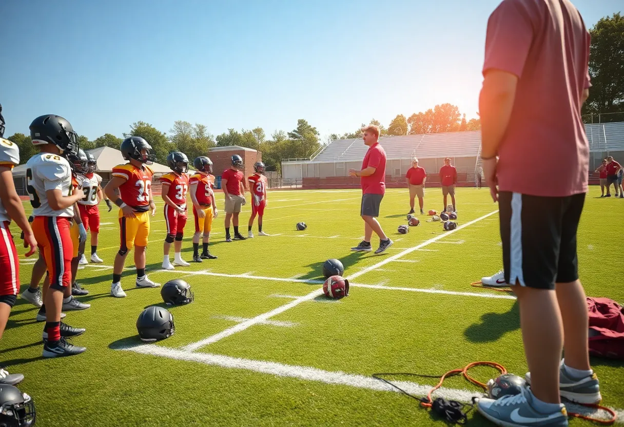 Lindale High School football team practice with a coach