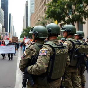 National Guard troops monitoring an immigration protest in Los Angeles
