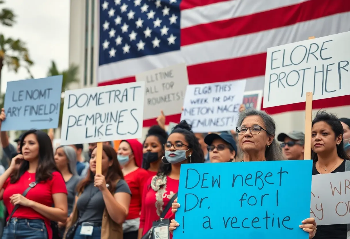Demonstrators at No Kings Day protest holding signs for democracy