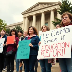 Parents rallying for school improvement outside government office