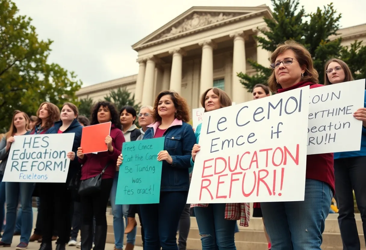 Parents rallying for school improvement outside government office