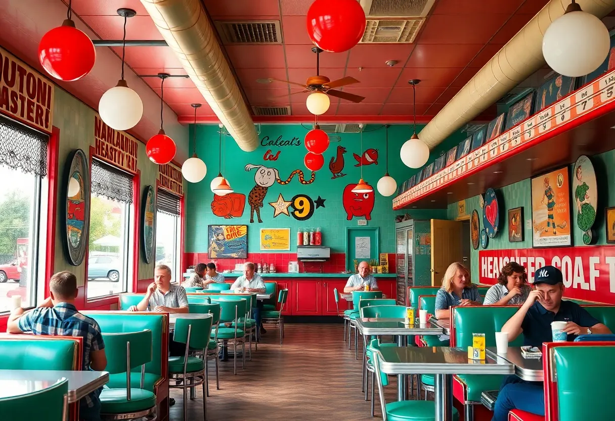 An inviting interior of Phoebe's Diner featuring retro decor and happy diners enjoying their meals.