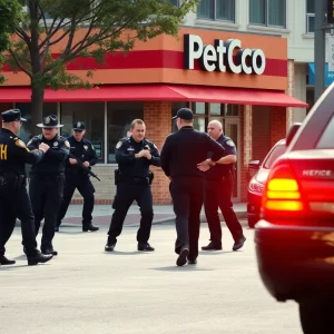 Law enforcement officials apprehending an escaped inmate in an urban environment