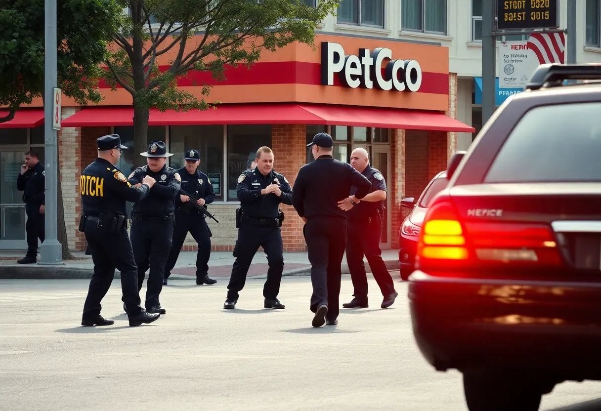 Law enforcement officials apprehending an escaped inmate in an urban environment