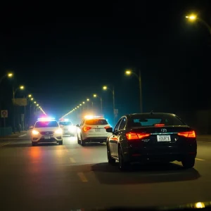Police cars chasing a vehicle in Austin at night