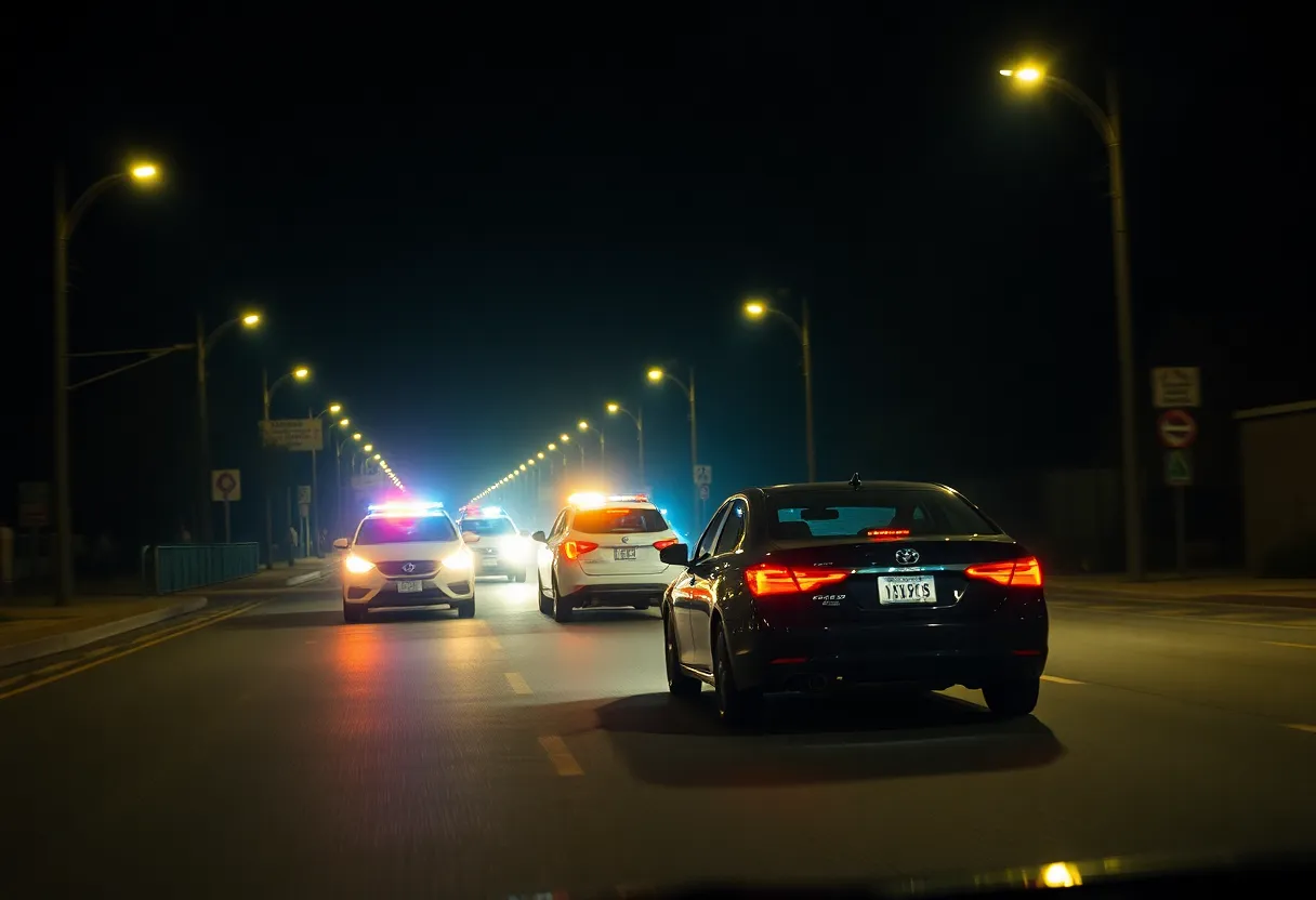 Police cars chasing a vehicle in Austin at night