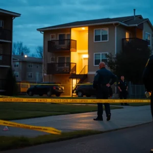 Police officers at an apartment complex investigating a shooting incident.