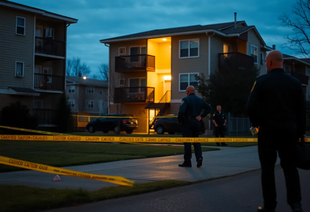 Police officers at an apartment complex investigating a shooting incident.