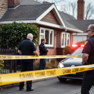 Police officers investigating a shooting incident at a residential area