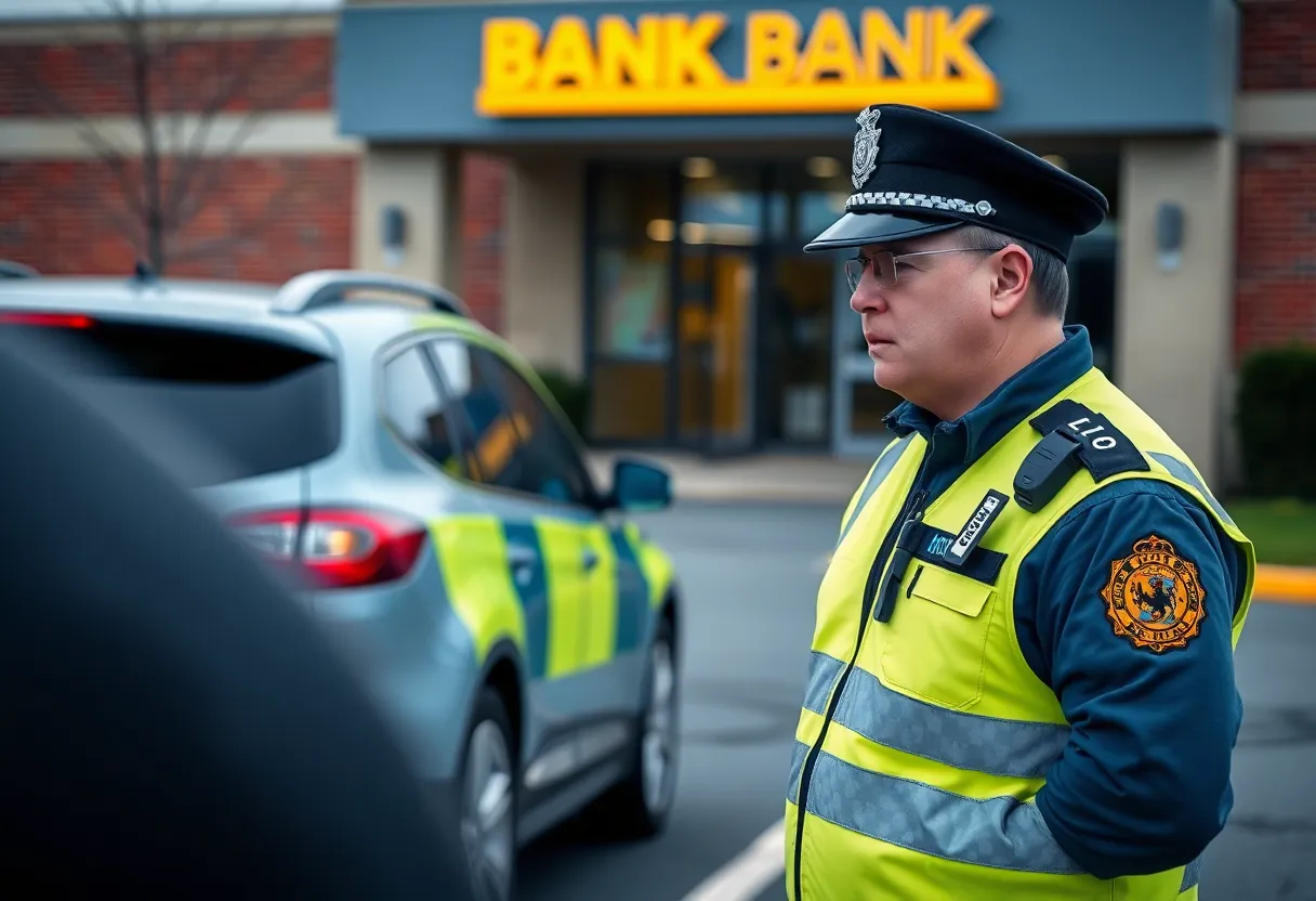 Police officer monitoring bank parking lot for potential jugging incidents