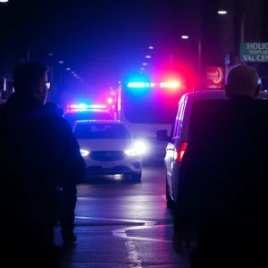 Police vehicles and flashing lights at a crime scene