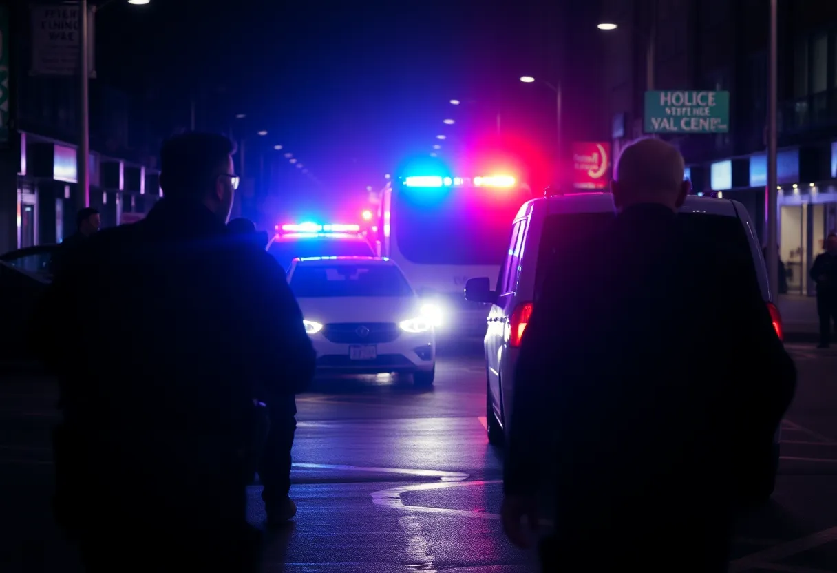 Police vehicles and flashing lights at a crime scene