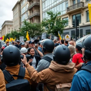Crowd protesting with police presence, highlighting issues of journalist safety