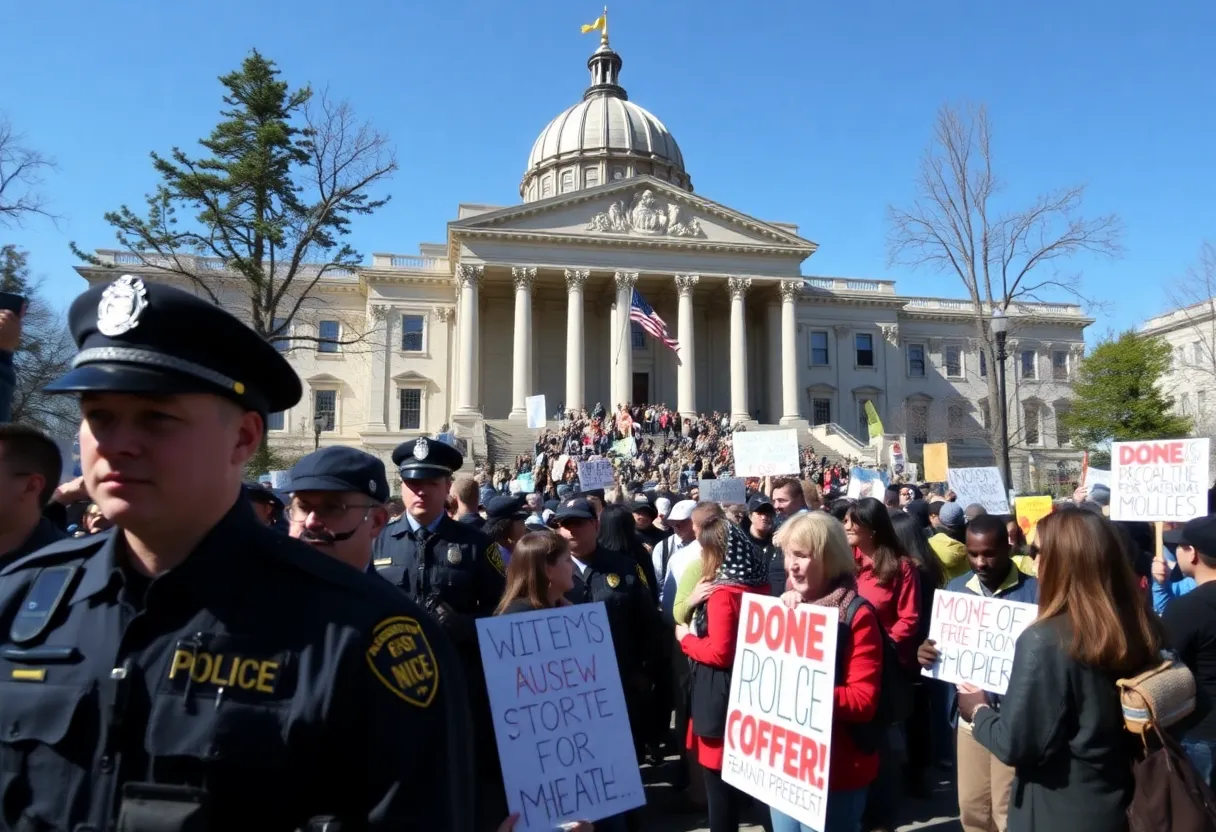 Crowd gathered for a protest at the Texas State Capitol with police presence