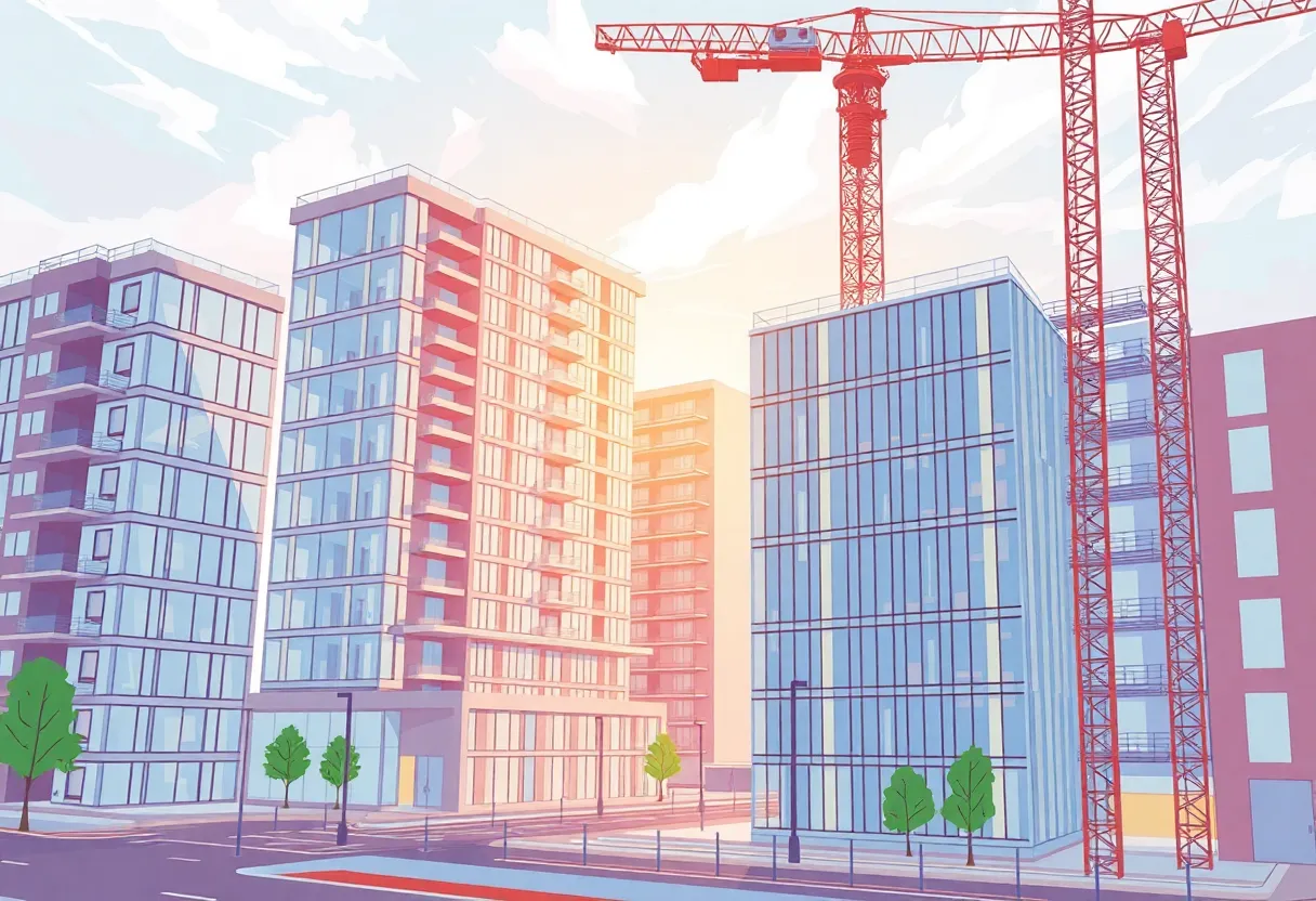 Modern construction site utilizing AI technology for building permits.