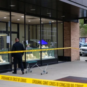 Scene of Royal Jewelers robbery with police presence