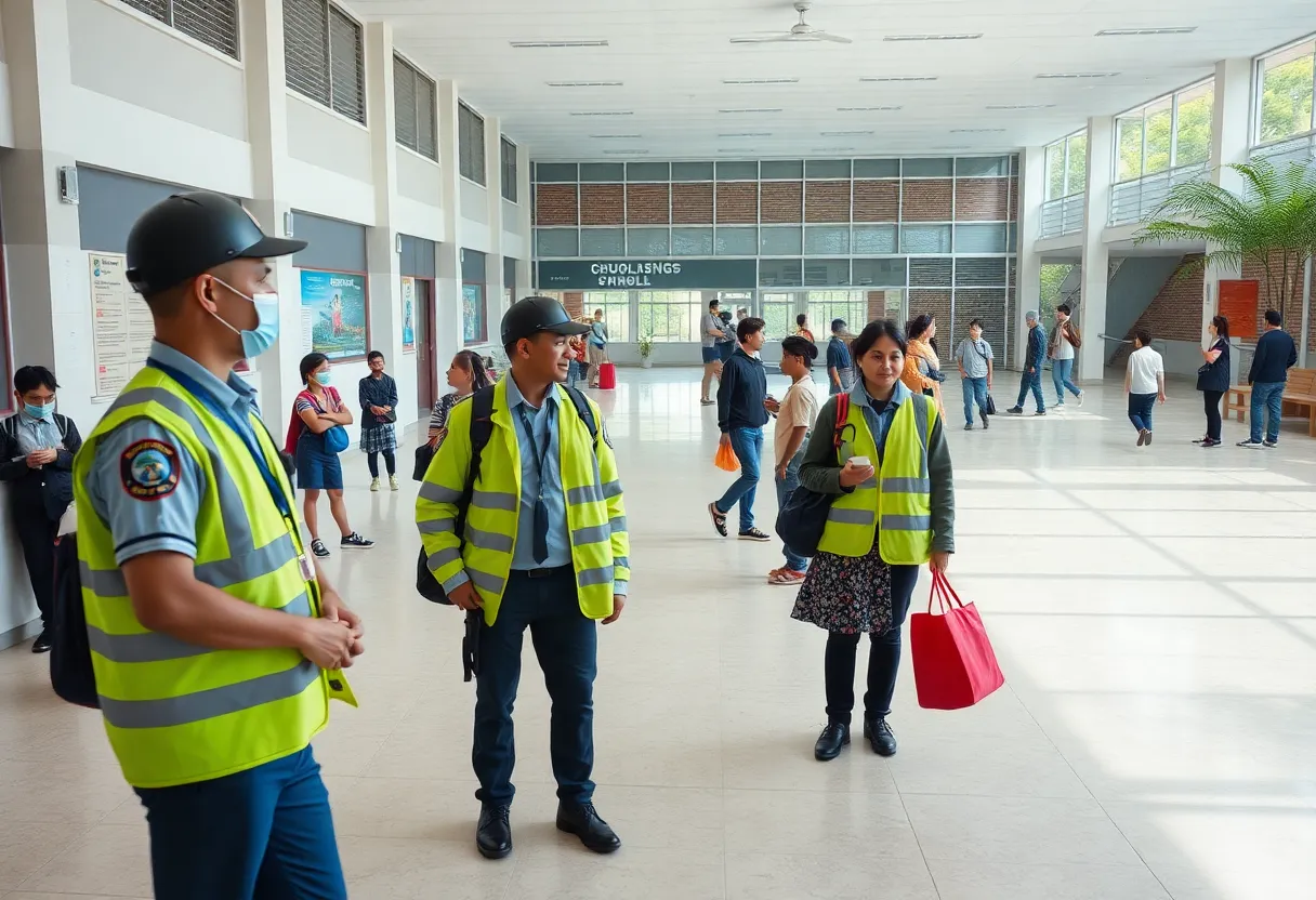 Students and security officers in a school setting