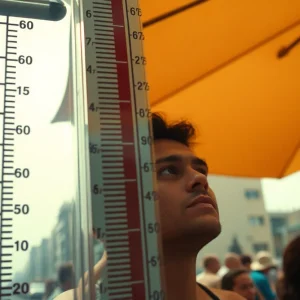 People in an urban area coping with a heat wave, seeking shade.