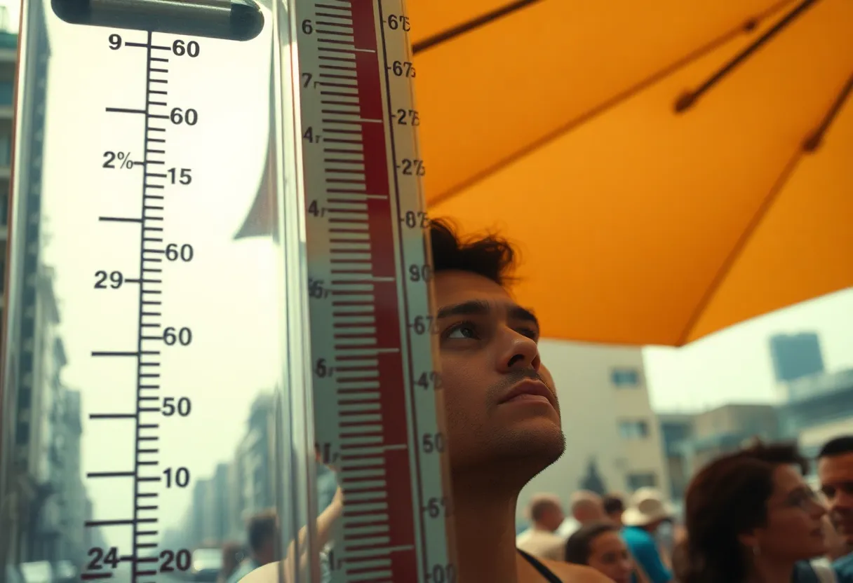 People in an urban area coping with a heat wave, seeking shade.