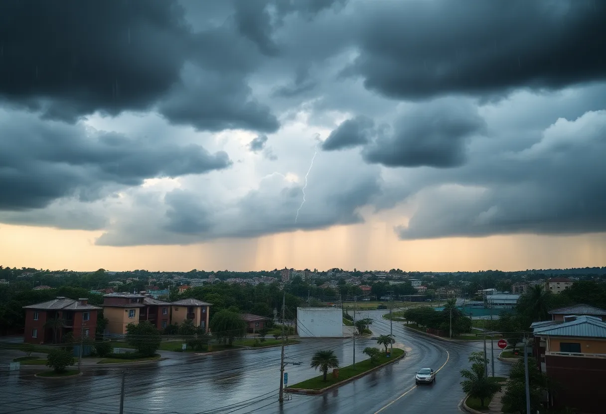 Dark storm clouds and heavy rain over Austin, Texas