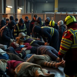 Emergency responders at a homeless shelter after a stabbing incident