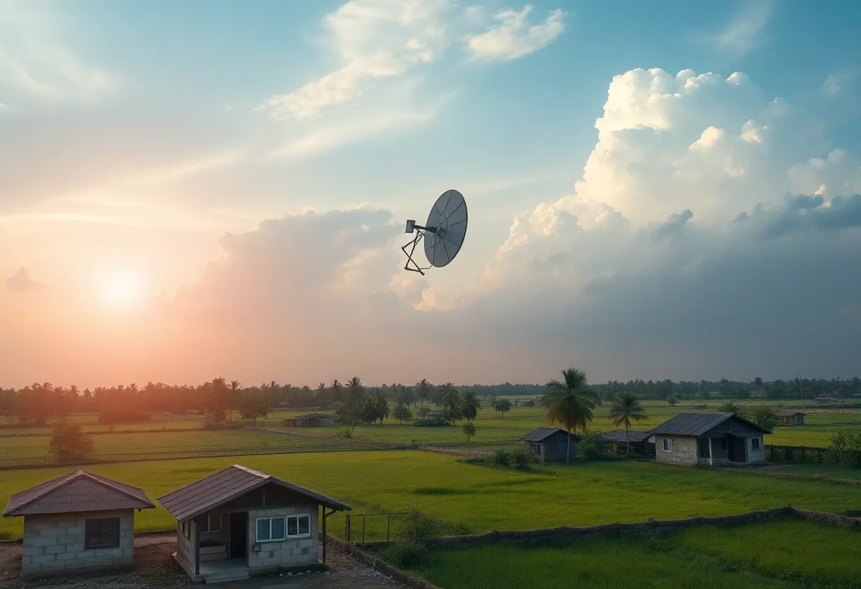 A satellite above rural India symbolizing high-speed internet connection.