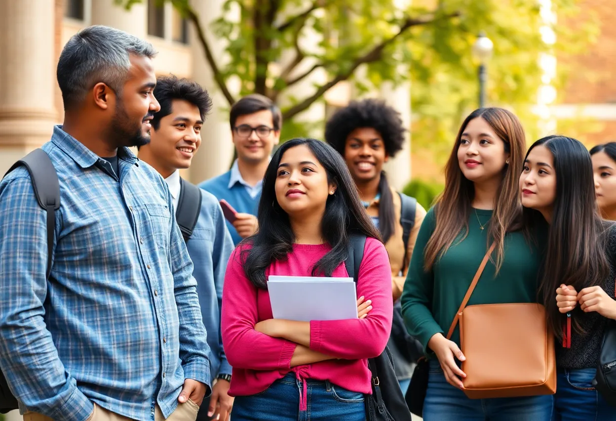 Diverse students at Austin Community College discussing the implications of the Texas Dream Act repeal.