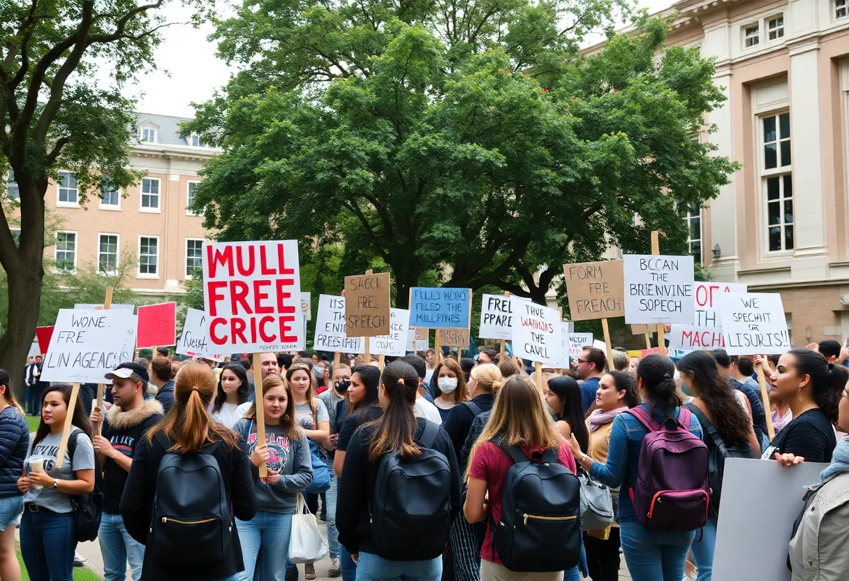 Students engaging in a peaceful protest on a university campus for free speech rights.