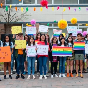 Students supporting LGBTQ rights in a schoolyard