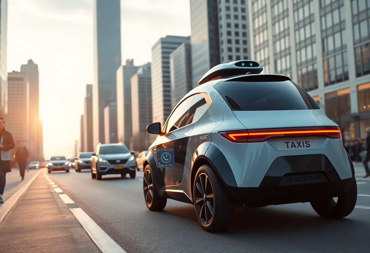 Futuristic robotaxi operating in an urban environment with pedestrians and buildings.
