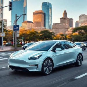 Tesla self-driving car driving through Austin